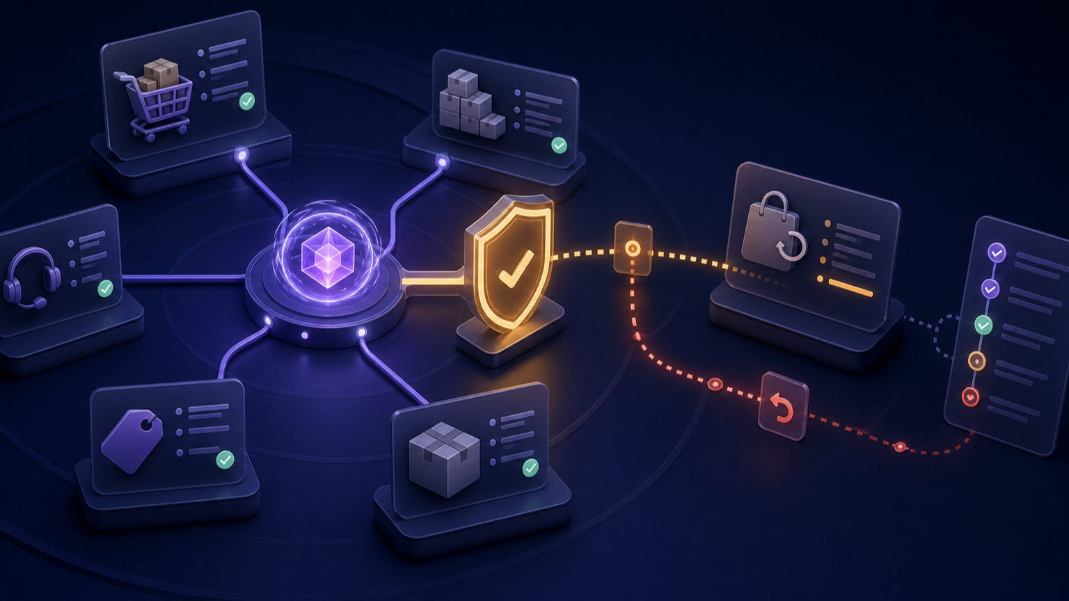 An ecommerce AI agent connected to store systems with an approval gate, event trail, and rollback path