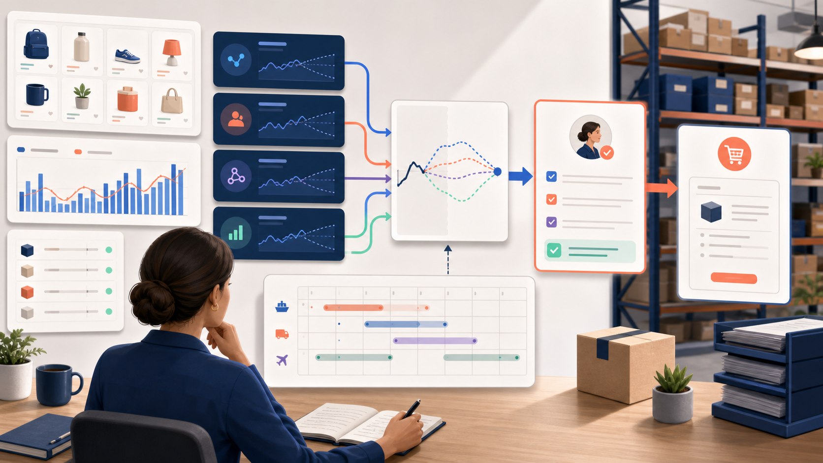 An ecommerce operator comparing several inventory forecasts before approving a purchase order