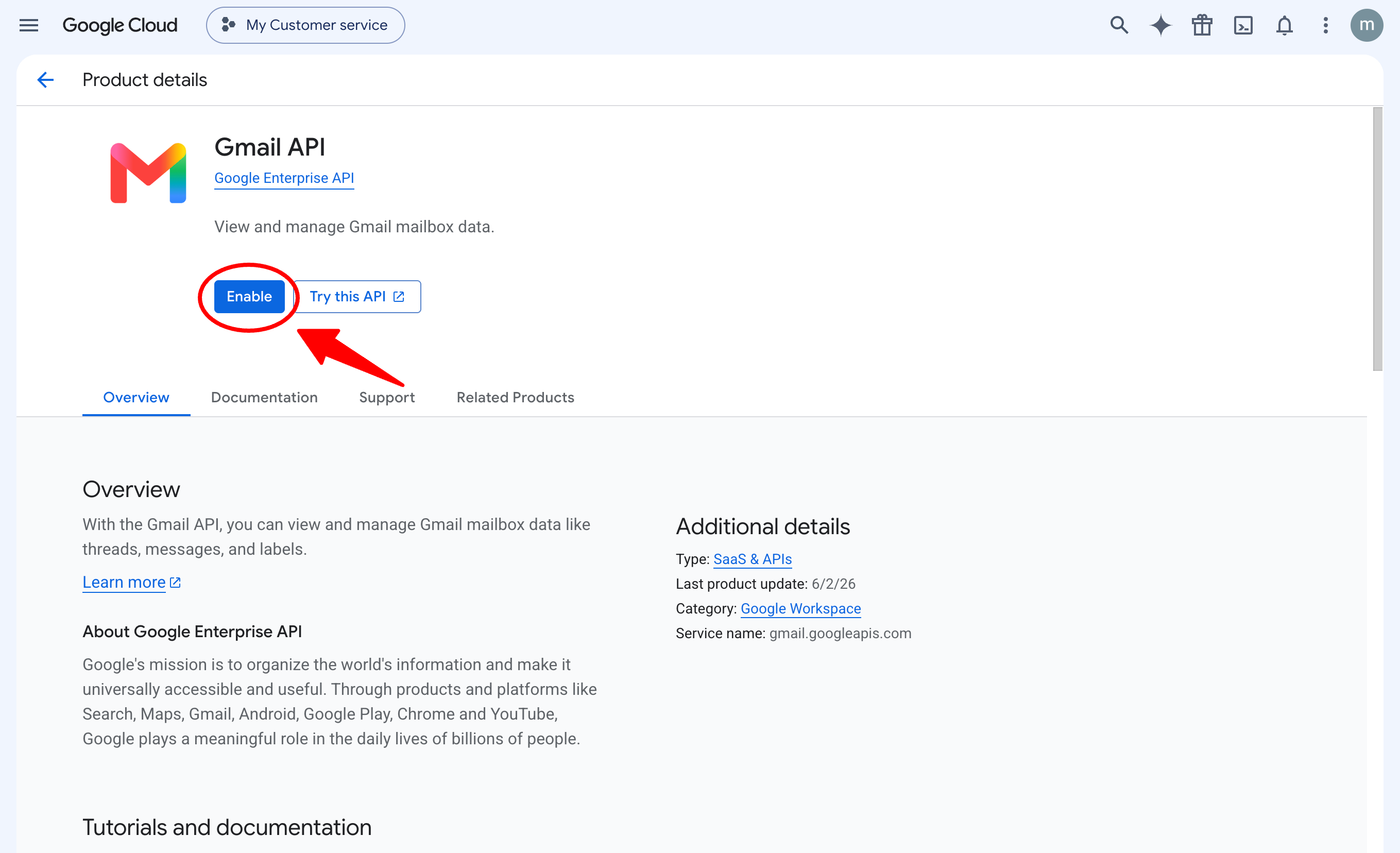 The Enable button for the Gmail API in the My Customer service project