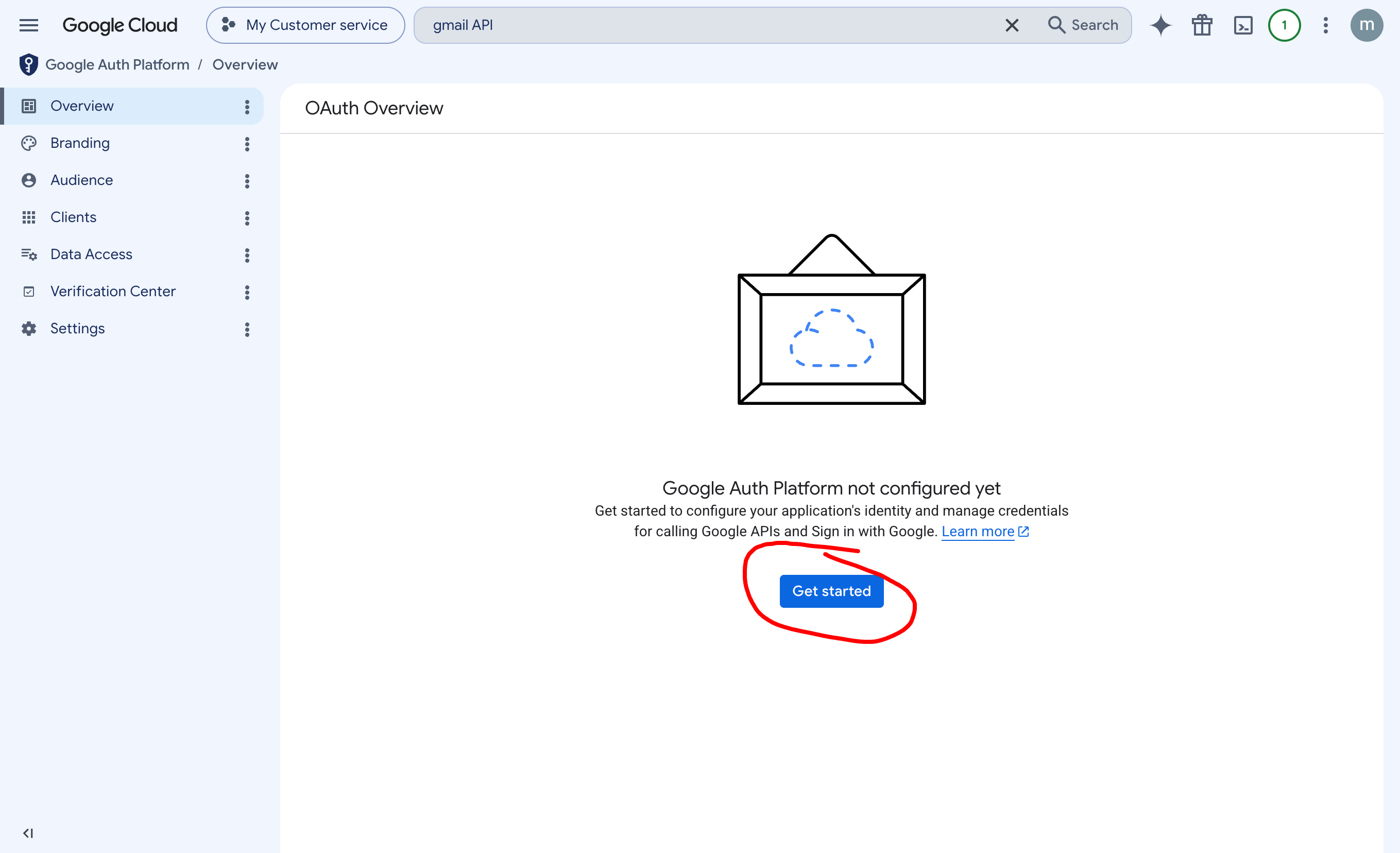 The Get started button in Google Auth Platform Overview