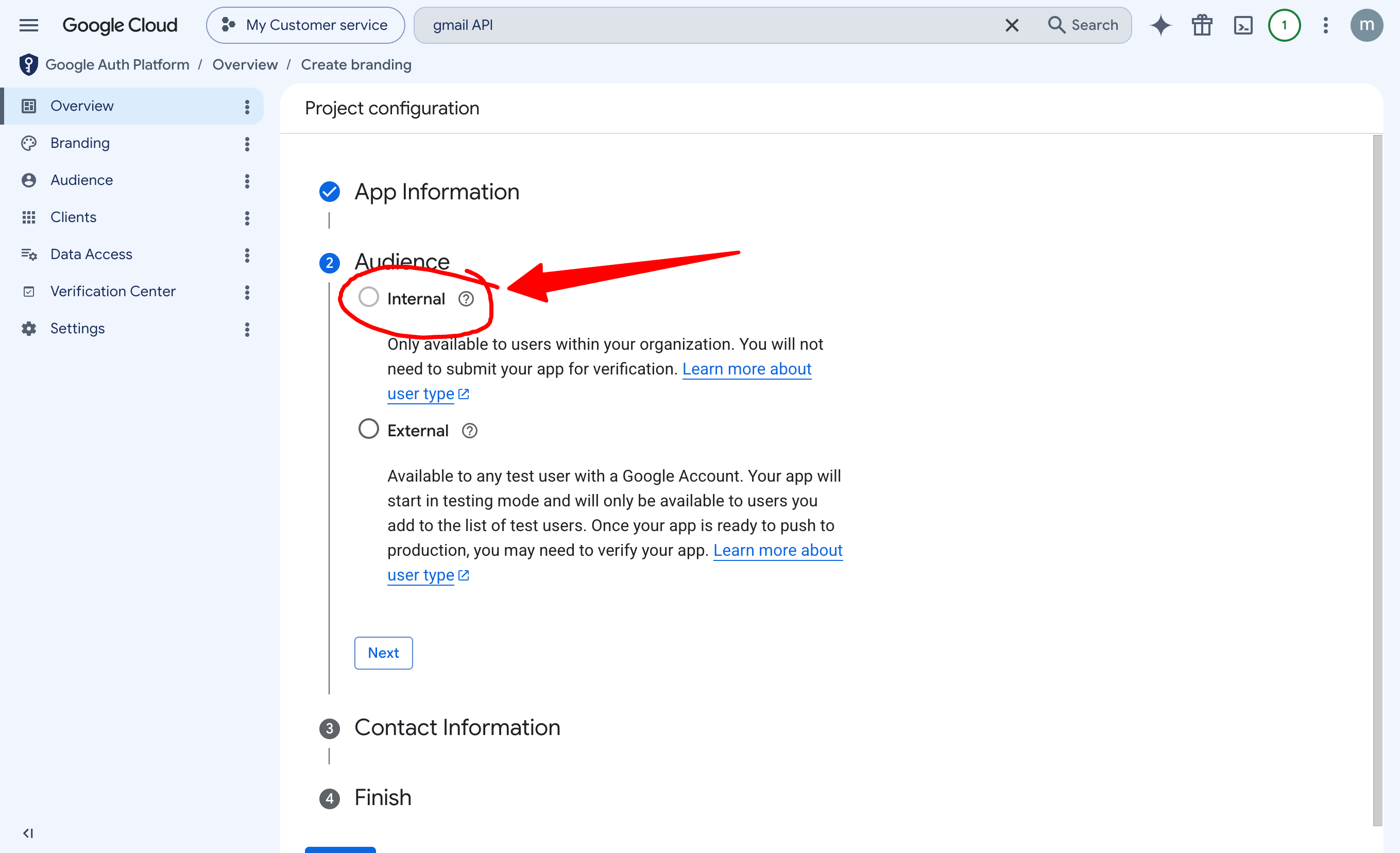 The Internal and External Audience choices in Google Auth Platform