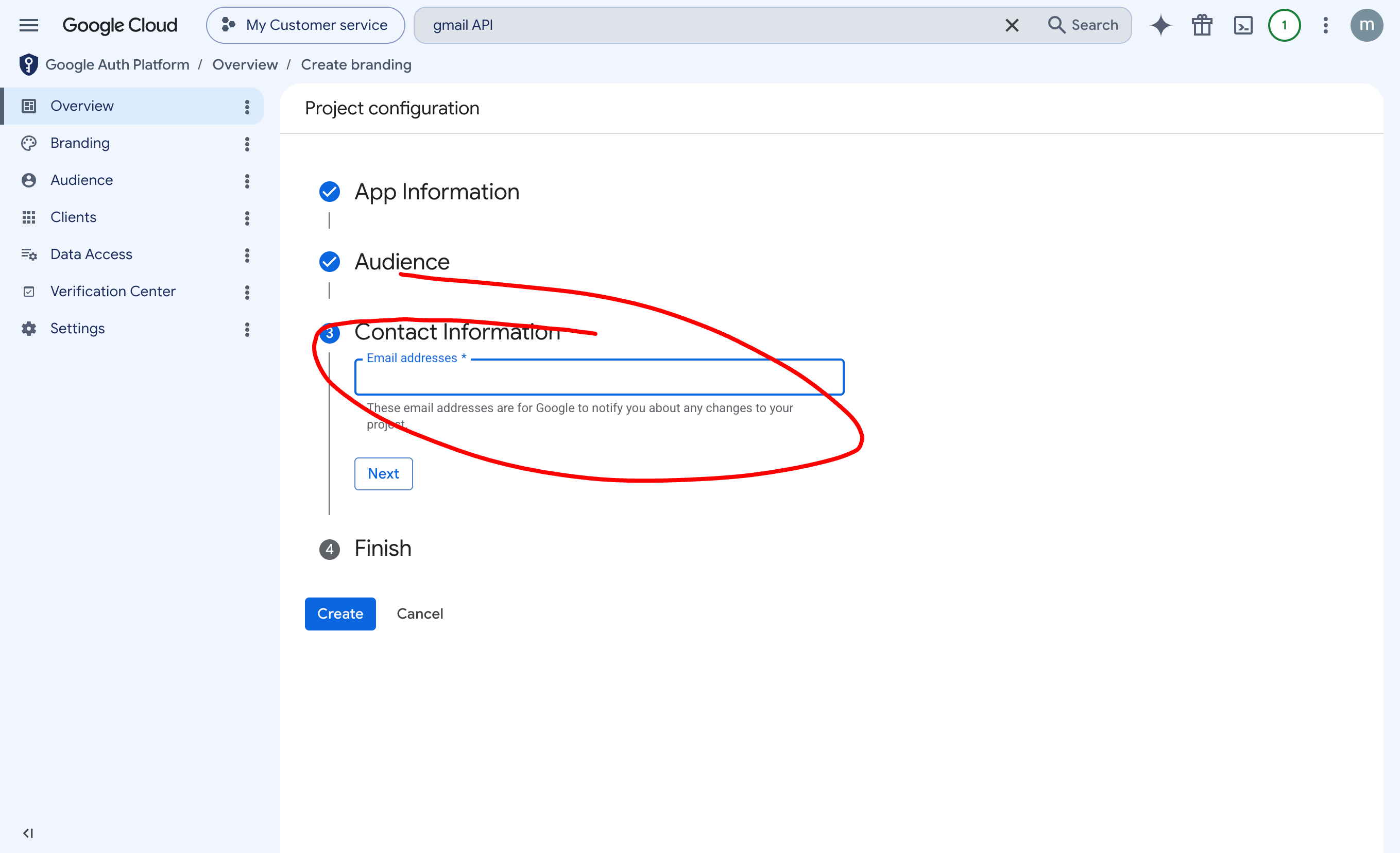 The contact email field in Google Auth Platform