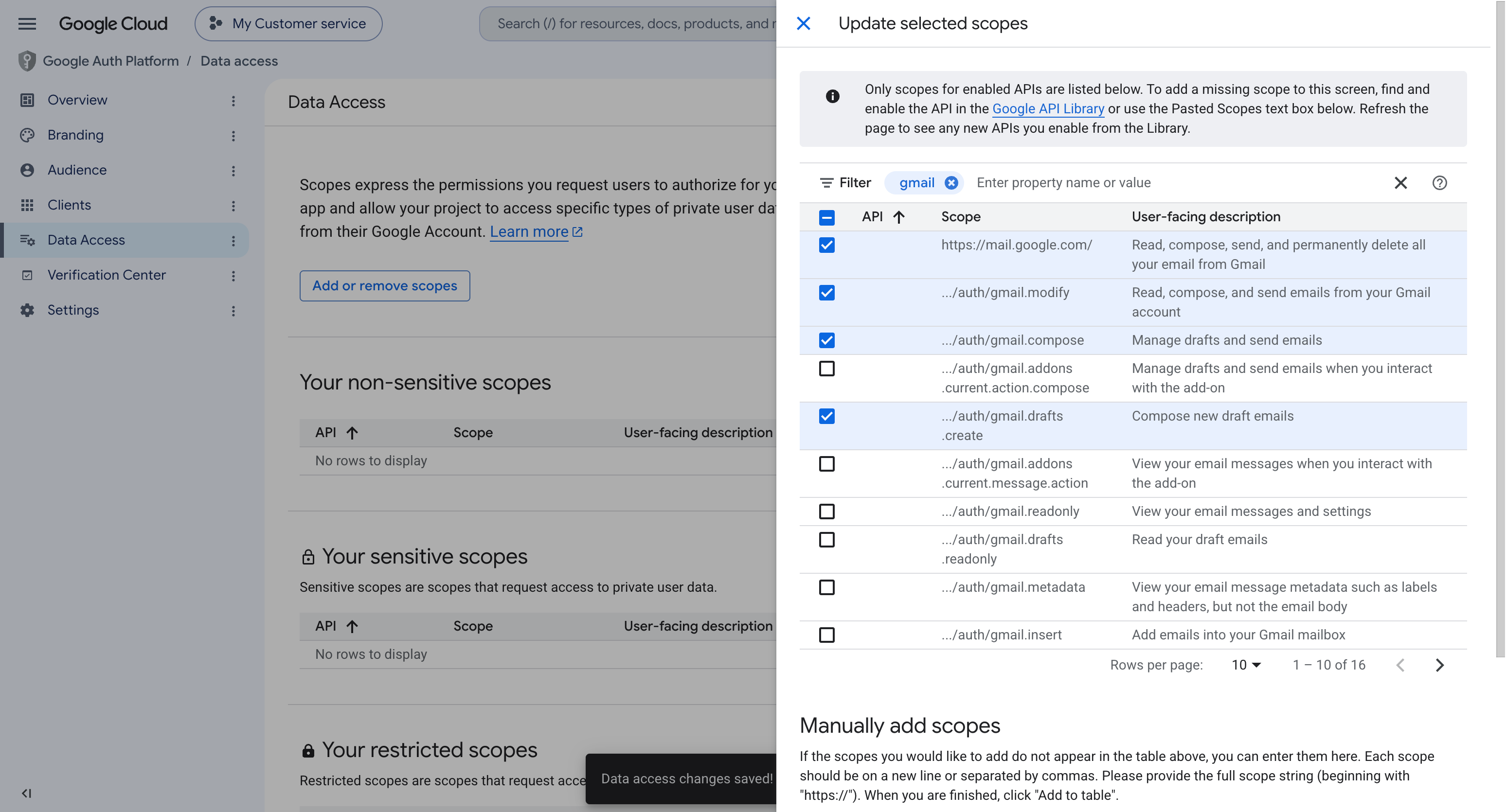 The Gmail scope picker in Google Auth Platform