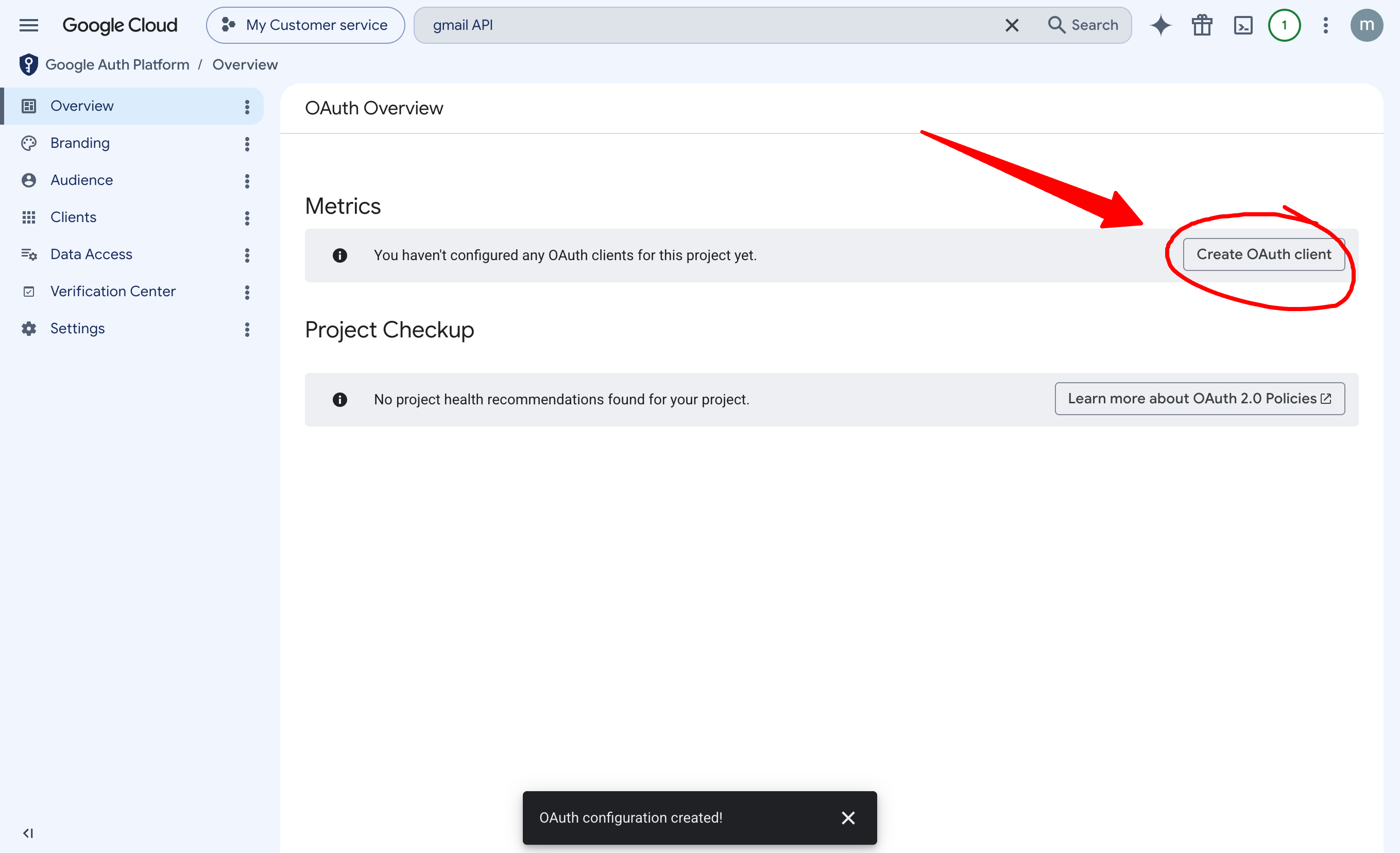 The Create OAuth client button in Google Auth Platform Overview