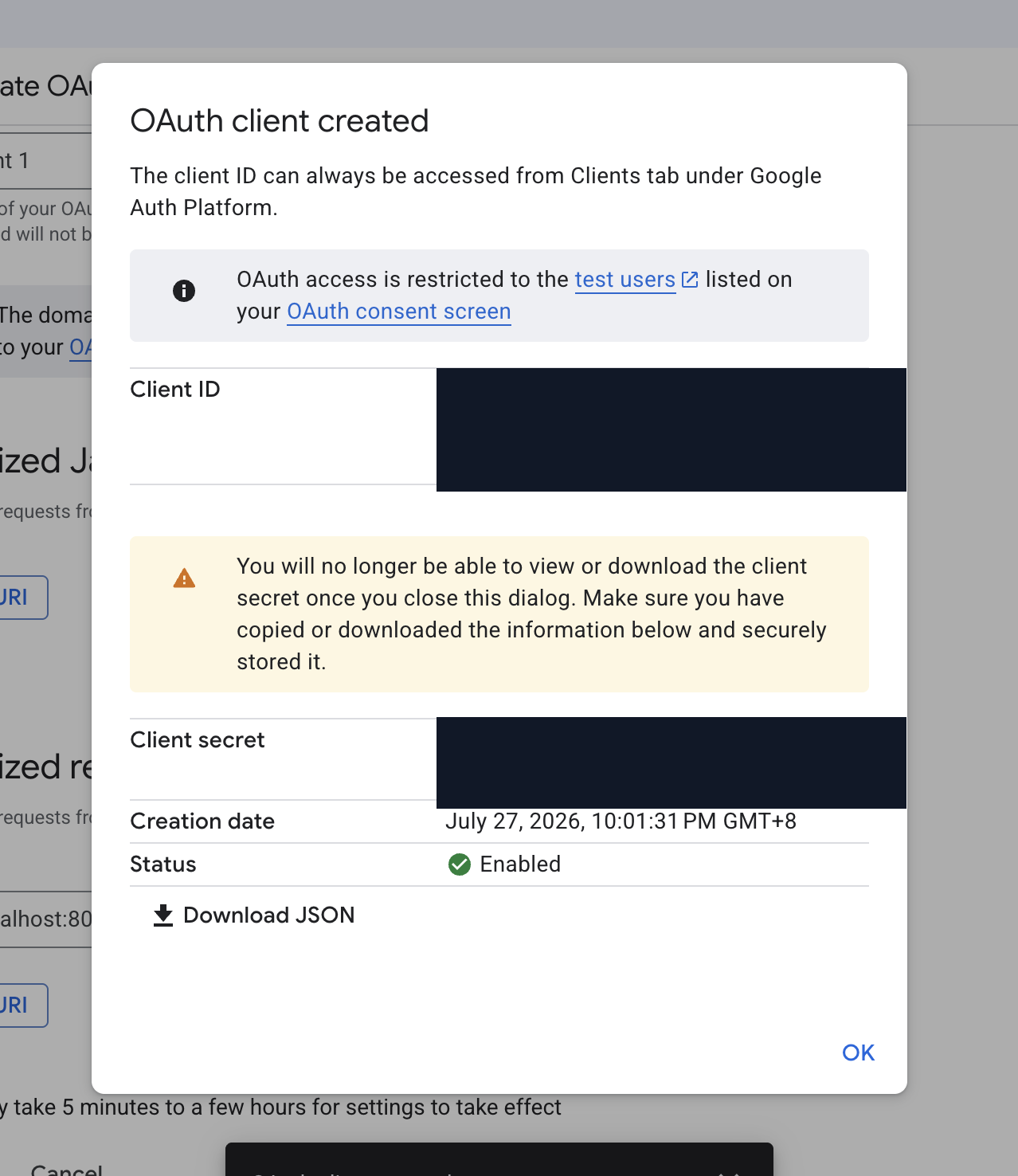 The Download JSON window after OAuth client creation, with the Client ID and secret redacted