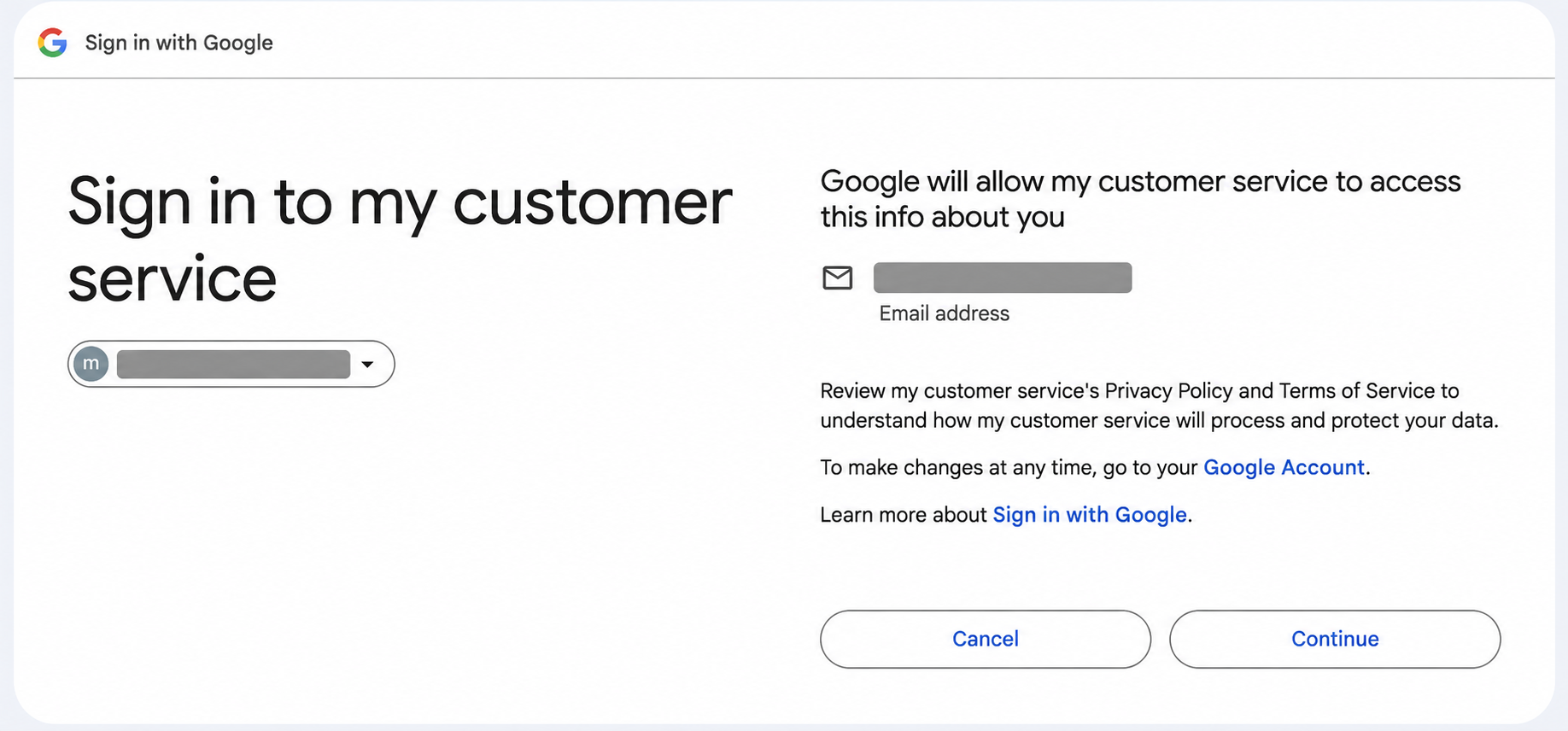 The Google OAuth consent screen, with the email address redacted
