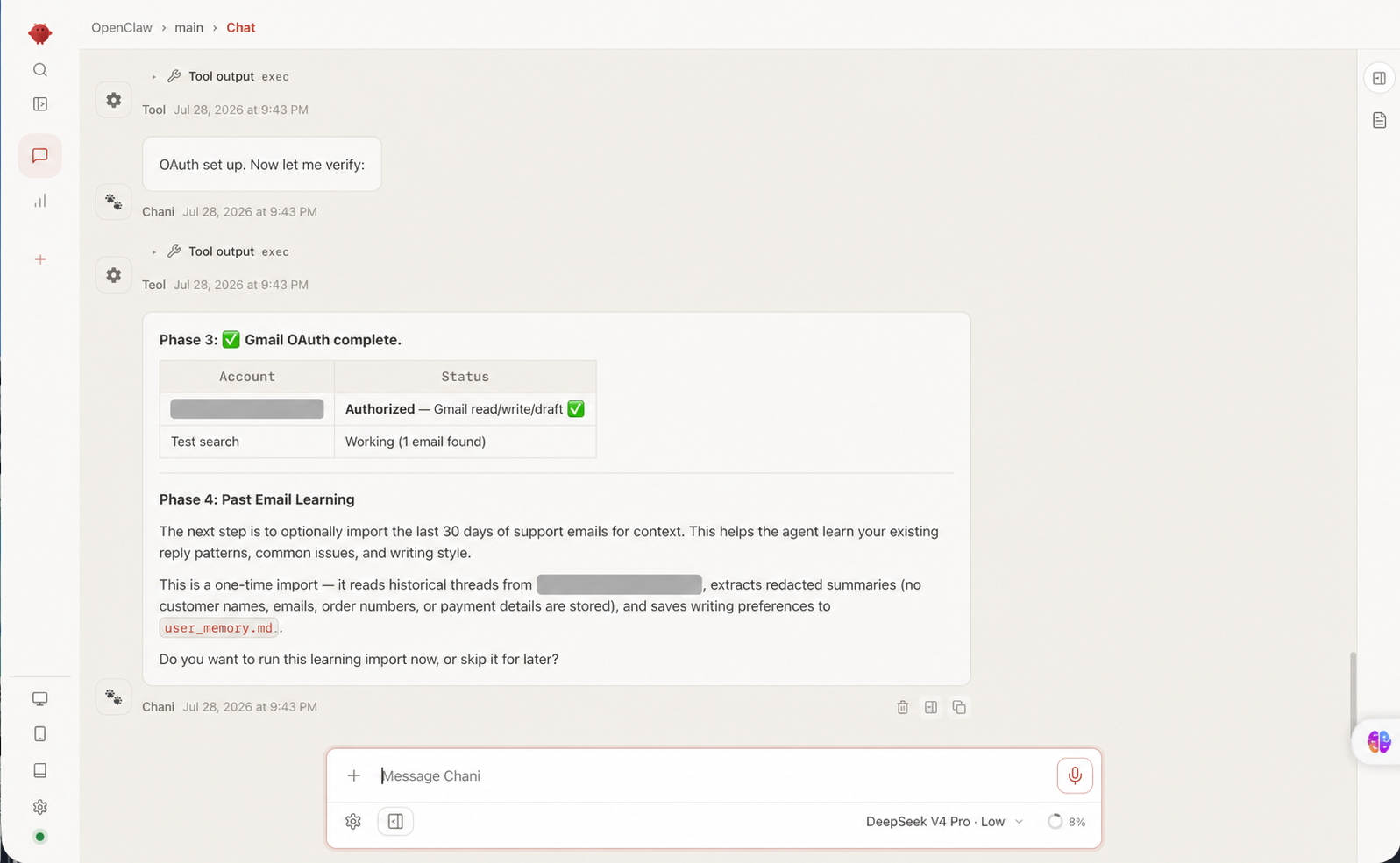 OpenClaw completing Gmail OAuth and asking whether to learn from historical email