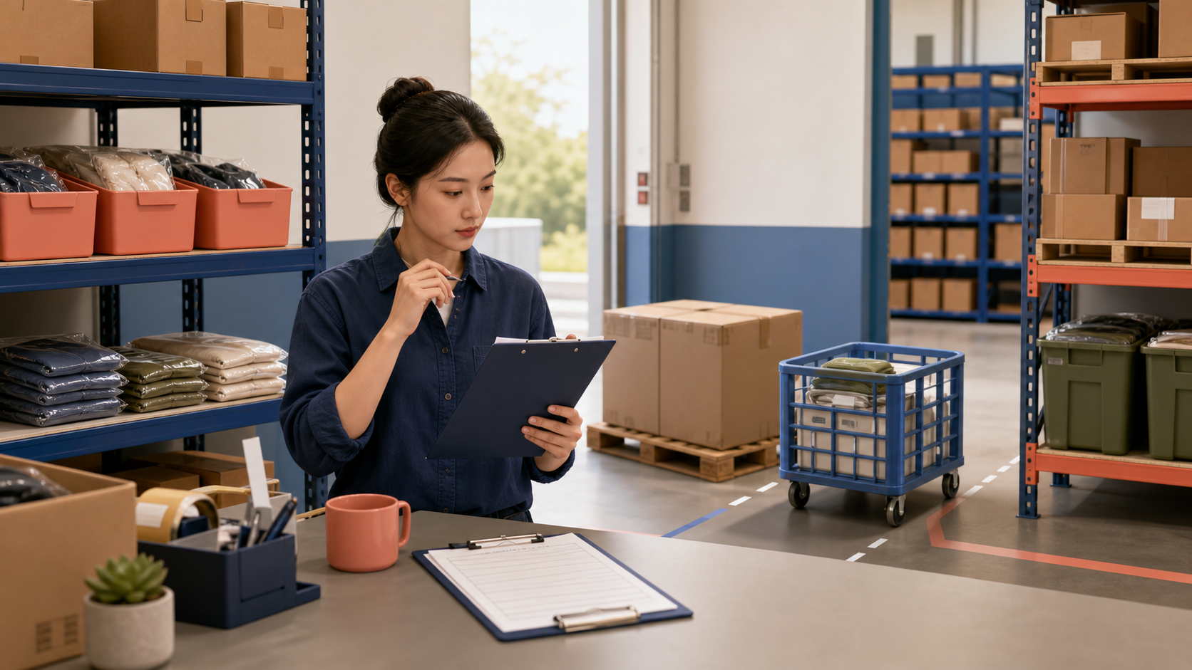 An ecommerce operator checking shelf stock, an inbound pallet, a location-transfer tote, and a purchase-order clipboard in a warehouse