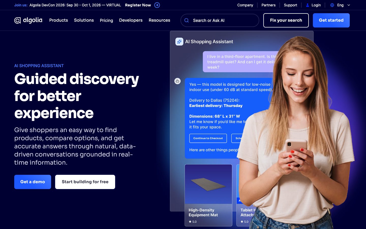 Algolia AI Shopping Assistant 官方产品页或产品展示图
