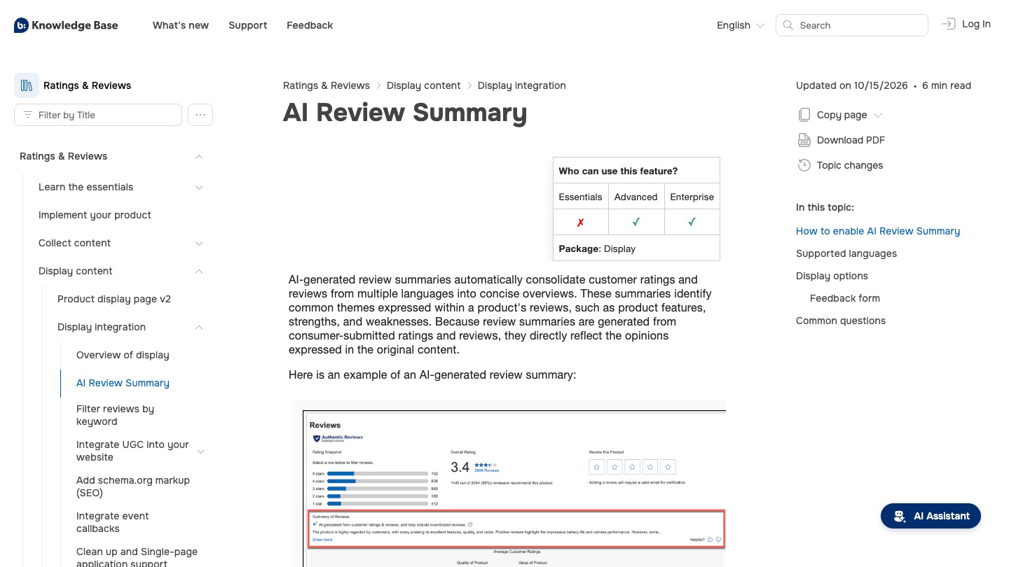 Bazaarvoice AI Review Summary feature guide